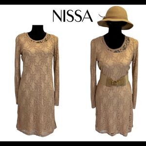 Nissa beige lace overlay stretchy long sleeve dress size US 8